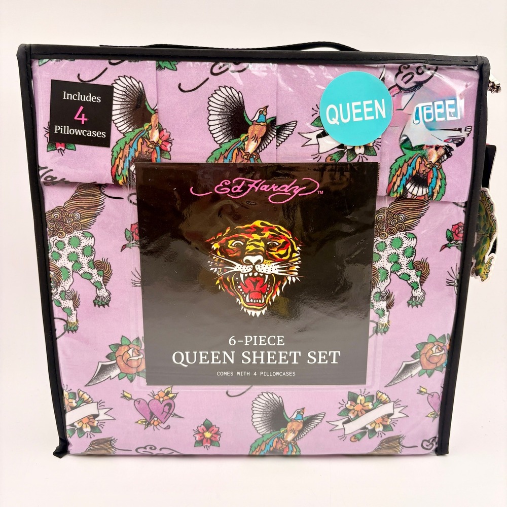 Ed Hardy‎ Queen Sheet Set 6 Piece Pink Tattoo Print Double Brushed Polyester